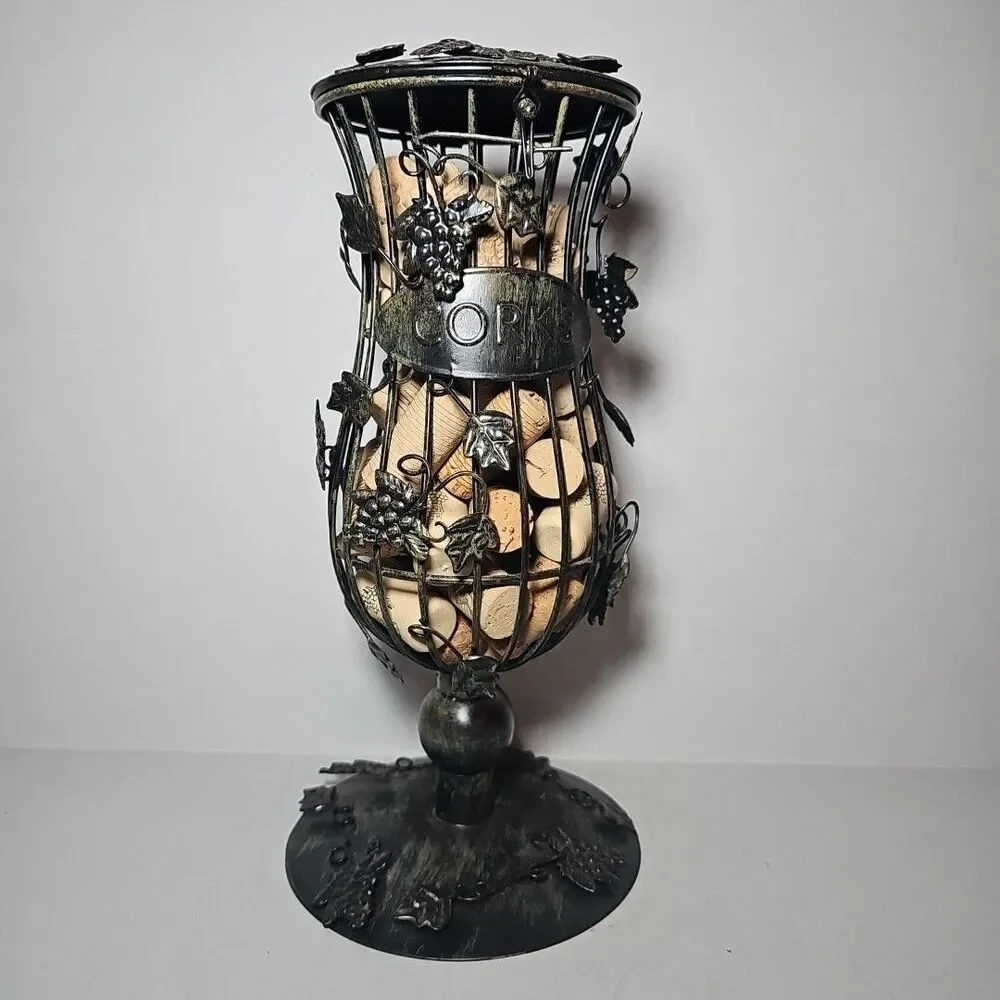 Decorative Art Wine Grapes Cork Cage Holder Hourglass Shaped Bronze with Corks